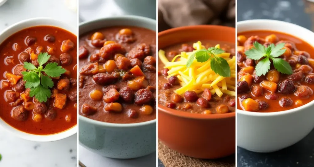 Four chili variations: vegetarian with sweet potatoes, spicy with jalapeños, kid-friendly with crackers, and low-carb with extra meat