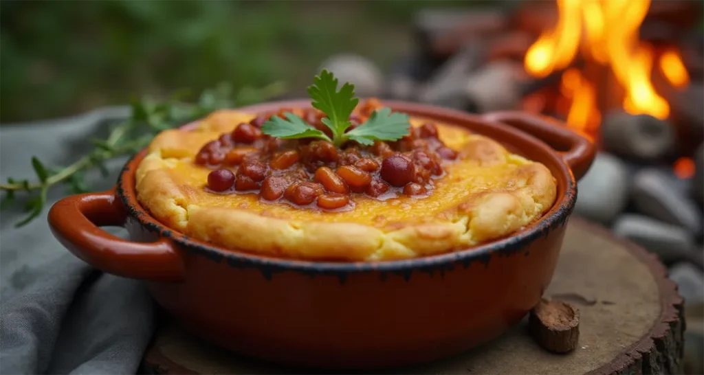 Vegetarian chili with cornbread baked on top in a Dutch oven