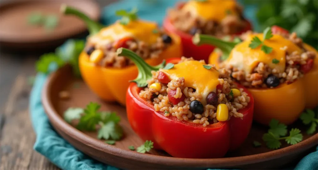 Easy Camping Meals : Stuffed bell peppers filled with rice, black beans, and corn, topped with melted cheese