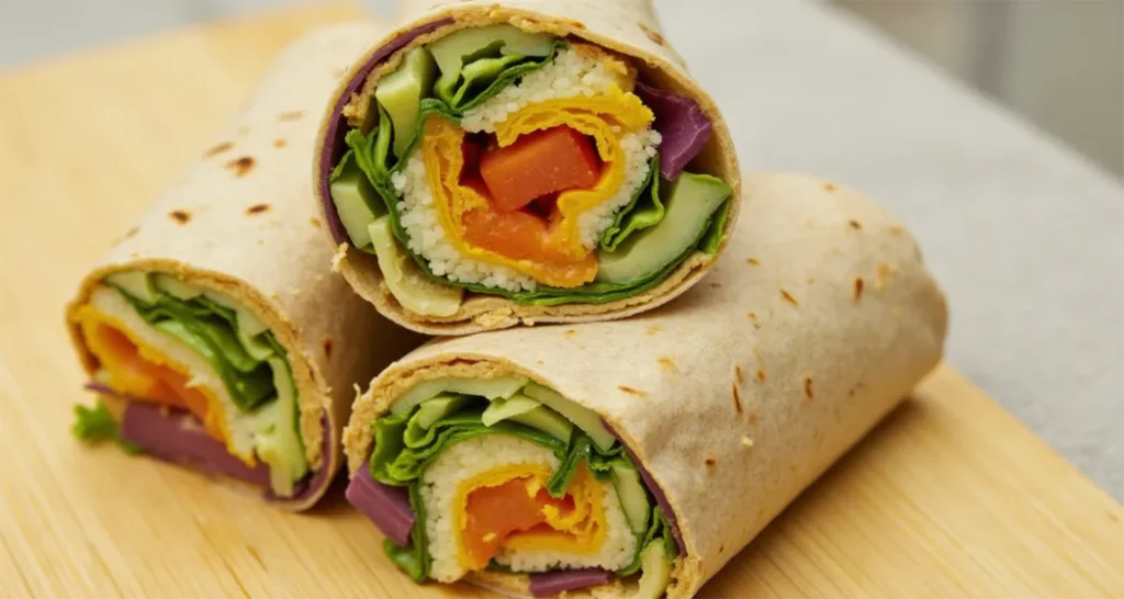 Hummus and veggie wrap with shredded carrots, spinach, and cucumbers