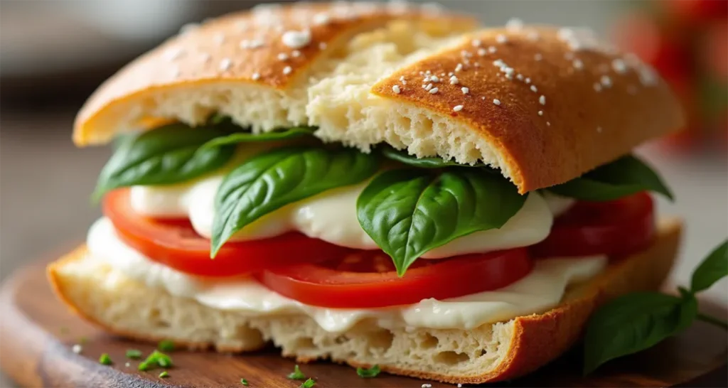 Caprese sandwich with mozzarella, tomato slices, and basil leaves