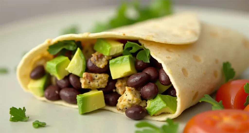 Black bean and avocado wrap with salsa and lime