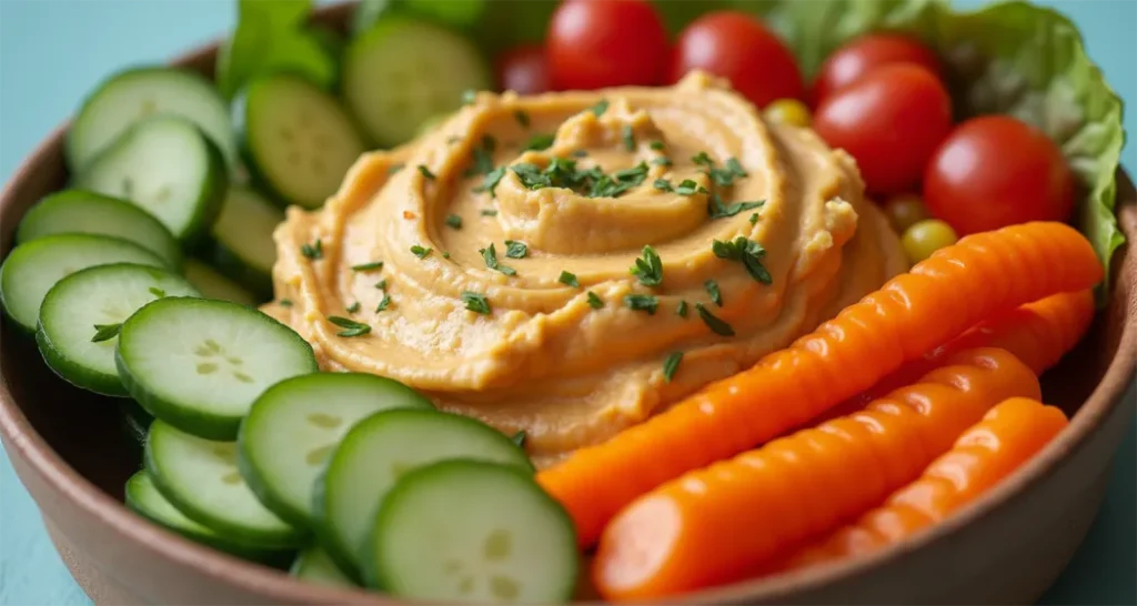 Freshly chopped carrots, cucumbers, and bell peppers with a container of roasted red pepper hummus in a reusable snack box