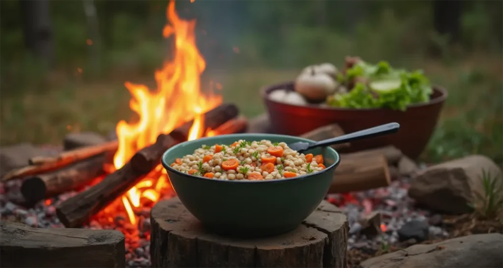 A cozy campfire shot featuring a warm grain bowl in a reusable container