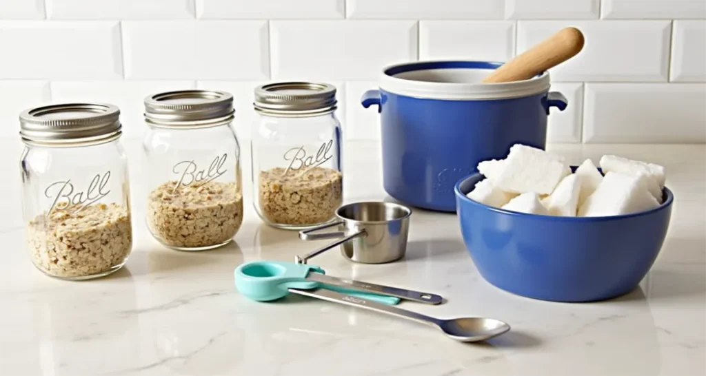 mason jars, measuring cups, mixing spoon, and cooler with ice packs