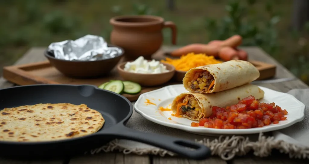 Ingredients and tools for make-ahead breakfast burritos, including tortillas, eggs, cheese, skillet, and foil