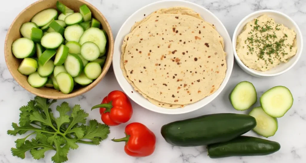 Flat-lay of ingredients  including tortillas, hummus, and fresh vegetables