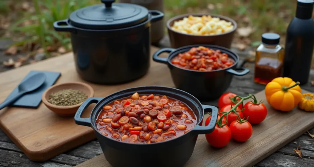 Camping equipment and ingredients for making one-pot chili