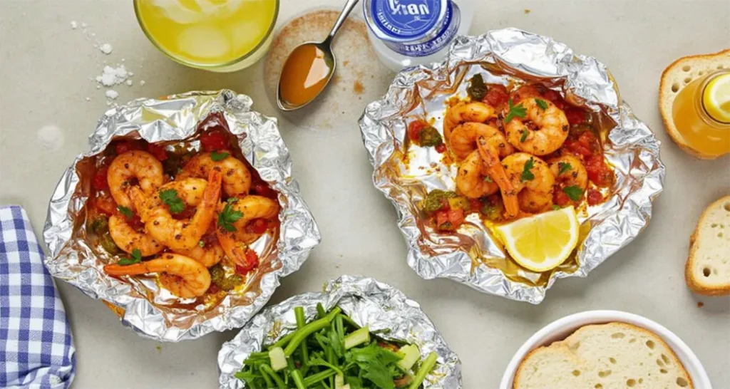 Shrimp Boil Foil Packets paired with a crisp green salad, crusty bread, and a pitcher of iced lemonade