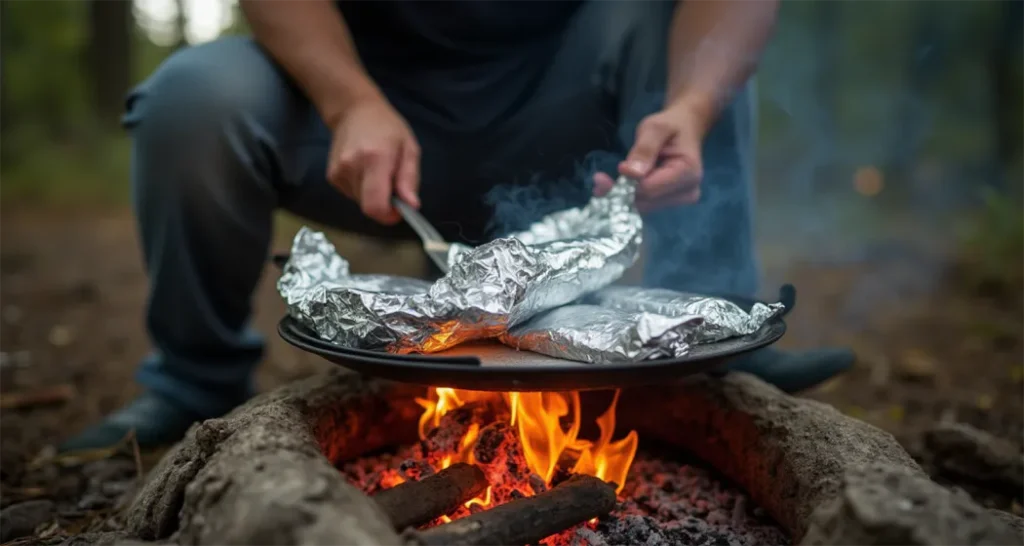 A camper cooking foil packets over a fire.
