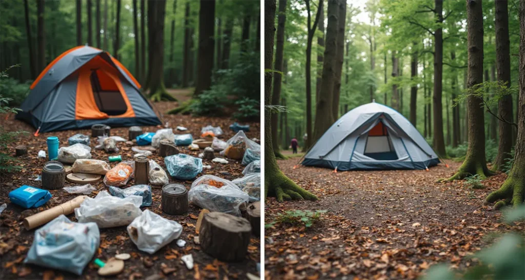 a cluttered campsite with disposables vs. an organized, waste-free site using reusable options