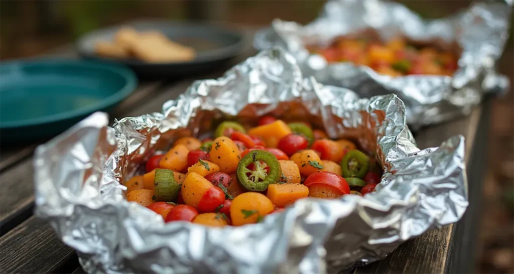 Side-by-side images of raw ingredients for foil pack chicken and veggies and the final cooked dish