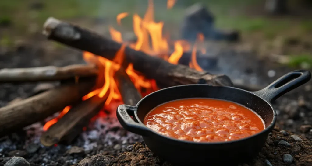 Campfire cooking setup with a cast-iron skillet and a bowl of tomato soup