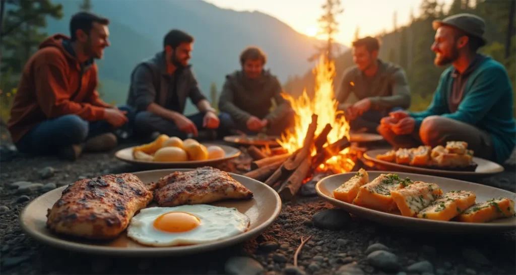 campers seated around a campfire, enjoying a meal with protein-rich dishes such as grilled chicken, boiled eggs, and beans