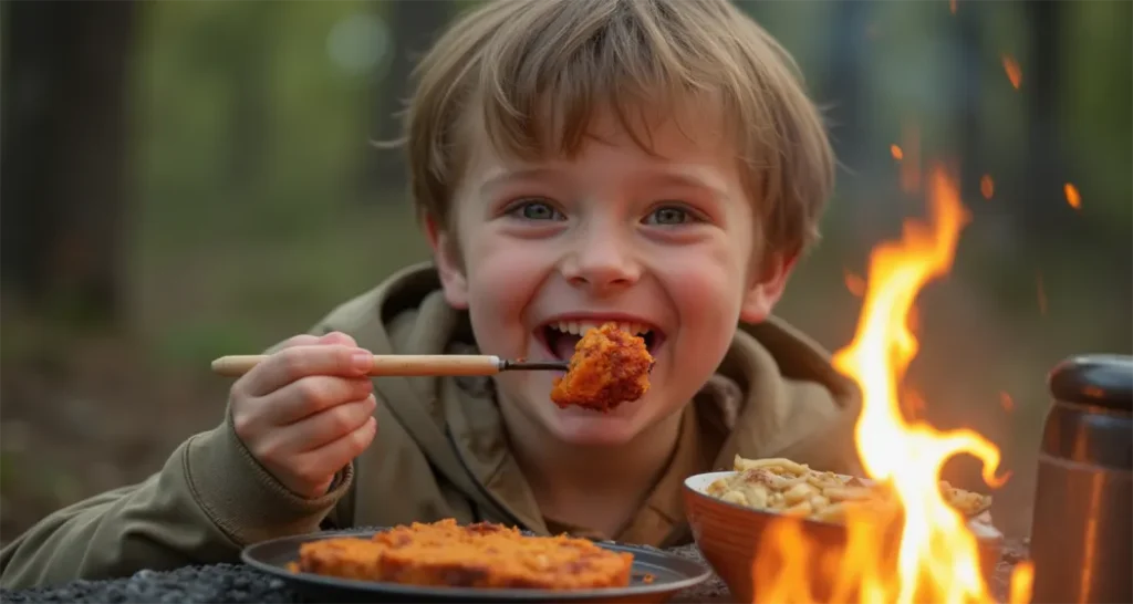 Child enjoying a kid-friendly camping meal in an outdoor setting