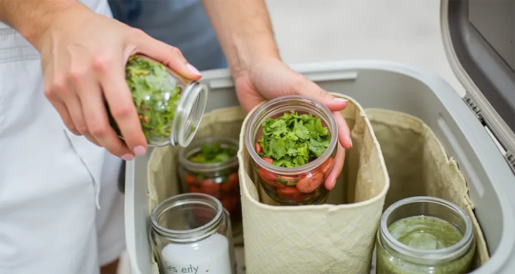 Wide-mouth Mason jars with layered salads inside a cooler