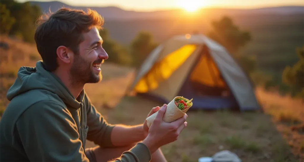 Camper enjoying near a campsite with a scenic background