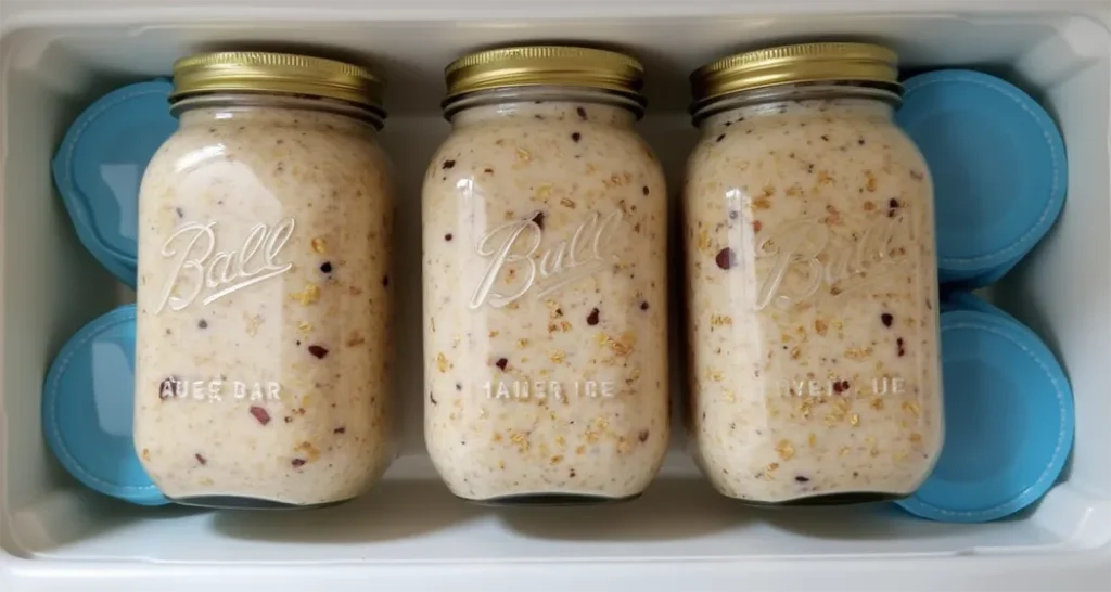 Mason jars of overnight oats stored in a cooler with ice packs, ready for a camping trip