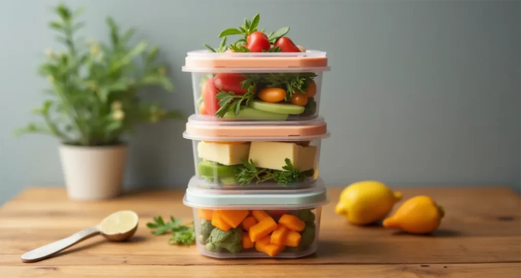 Stacked reusable snack boxes packed with fresh fruits, vegetables, and cheese on a wooden table