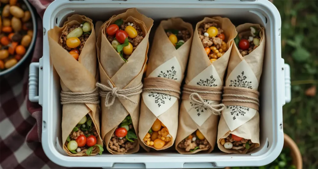 Neatly packed wraps and roll-ups stored in a cooler with parchment wrapping