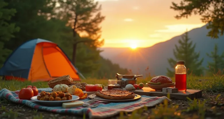 Feast Camp : Scenic campsite with a picnic setup featuring easy and quick camping lunch ideas for an outdoor meal