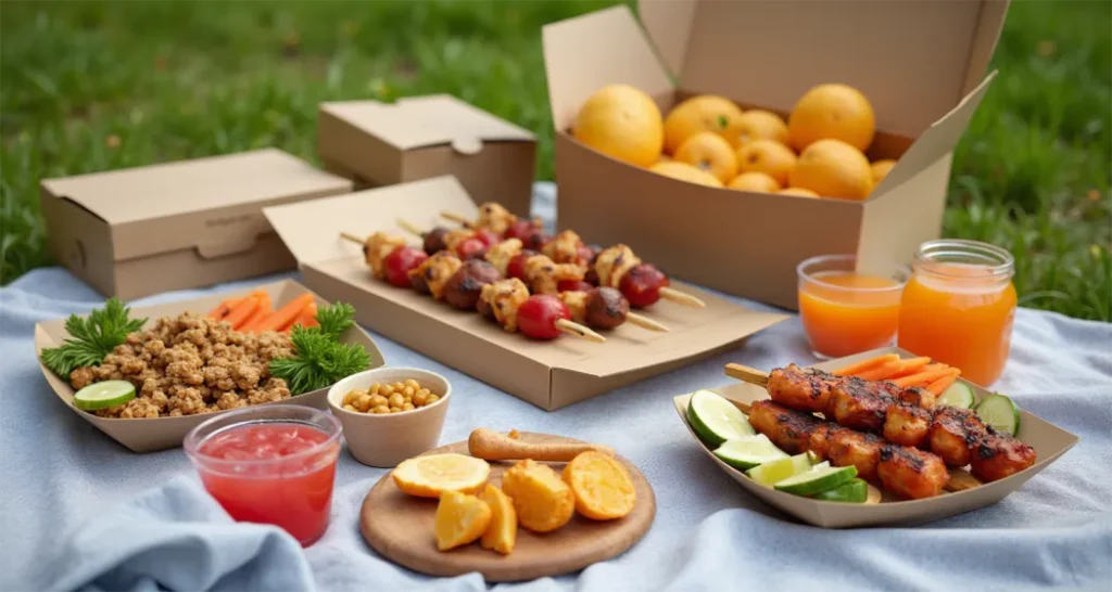 Collage of portable snack boxes and colorful skewers prepared for a camping trip