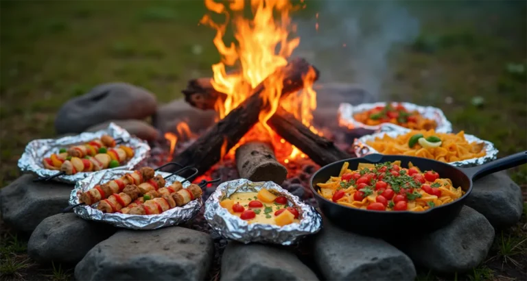 Campfire meal setup featuring grilled chicken, foil packs, and a cast-iron skillet of nachos