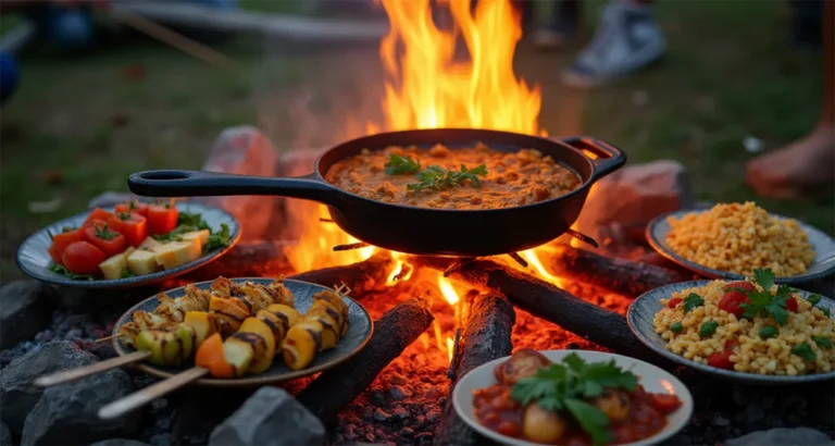 Cozy campfire scene with a cast-iron skillet cooking vibrant vegetables and skewers, surrounded by a rustic camping setup