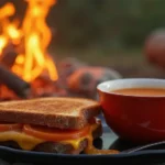 Grilled cheese sandwich and tomato soup served by a glowing campfire