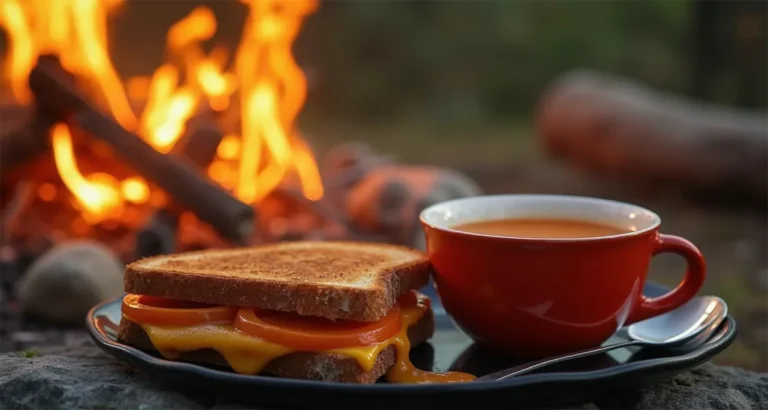 Grilled cheese sandwich and tomato soup served by a glowing campfire