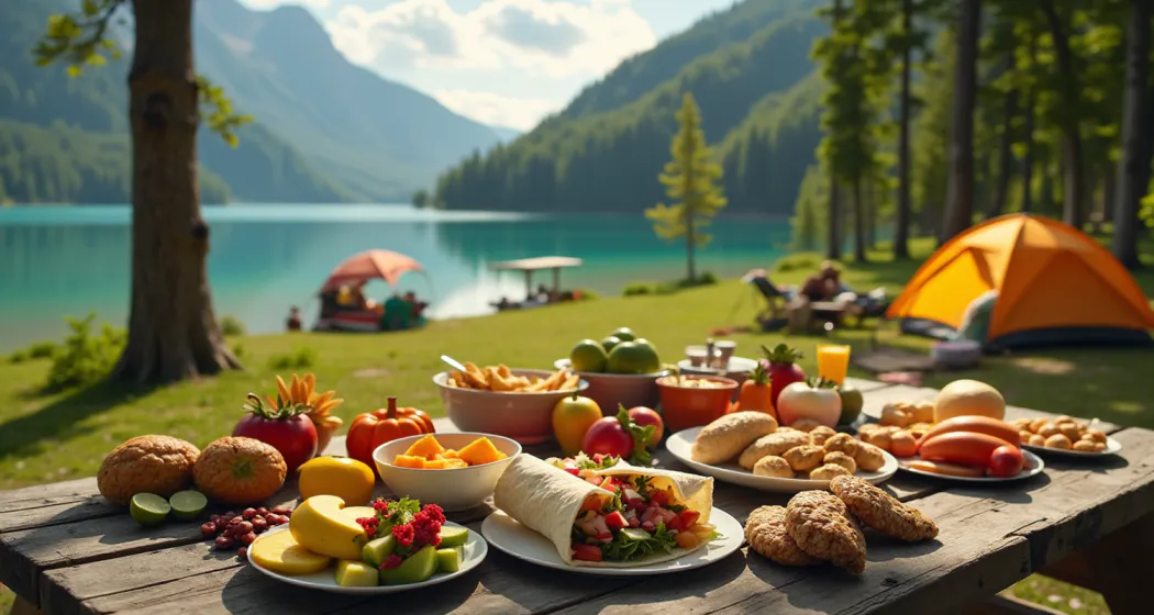 Outdoor campsite setup with an assortment of no-cook camping meals on a picnic table