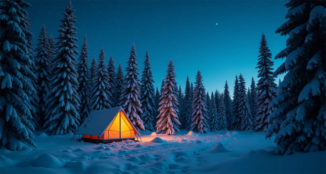 Snow-covered forest with a glowing tent under a starry winter sky.