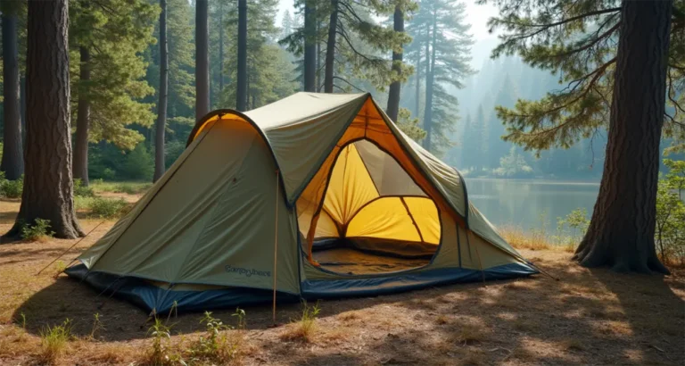 Large camping tent set up in a serene forest, showcasing ample space for outdoor comfort.