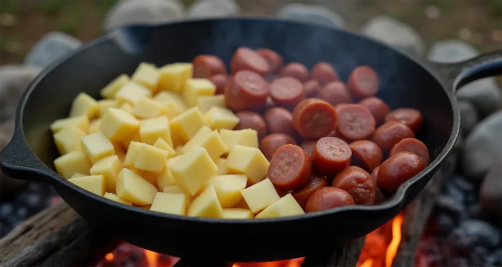 Sausage added to one side of the skillet while potatoes cook on the other side