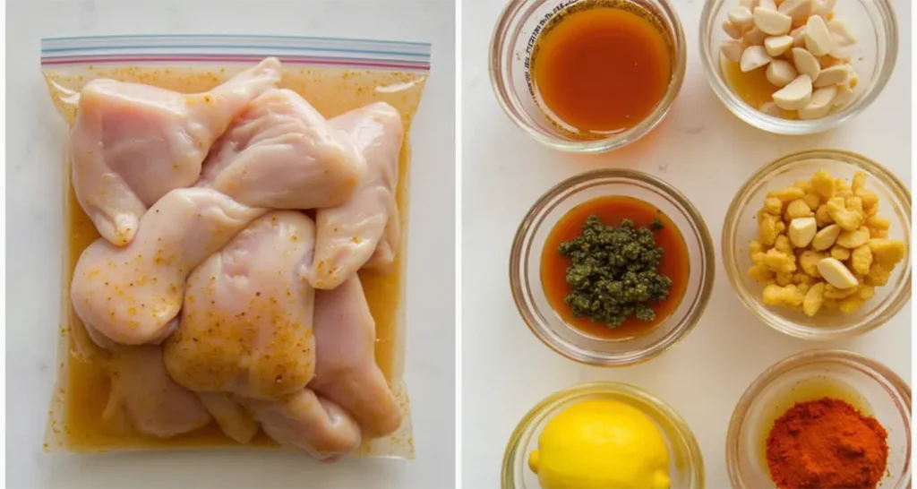 Adding chicken to marinade in a resealable bag.
