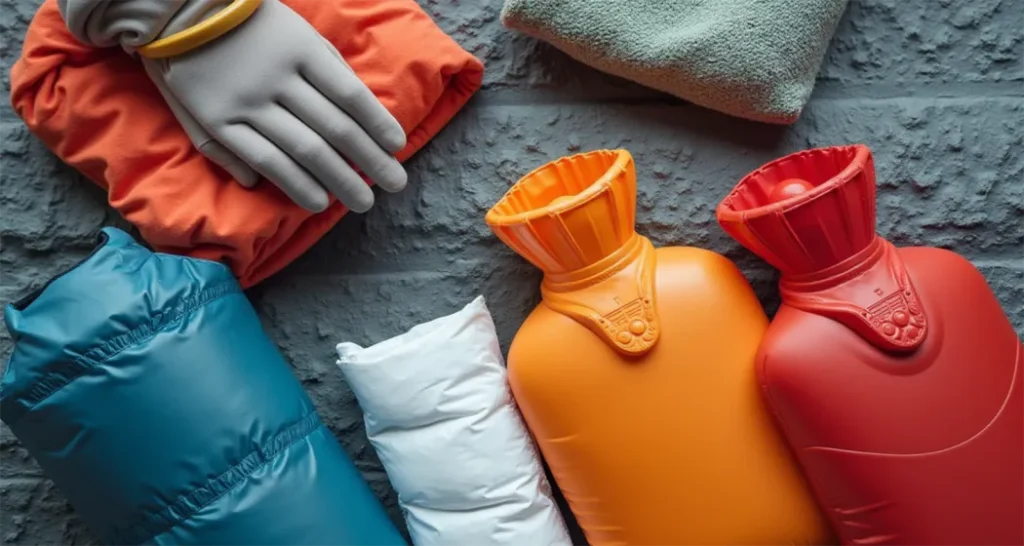 Winter camping accessories: space blankets, hand warmers, and hot water bottles.