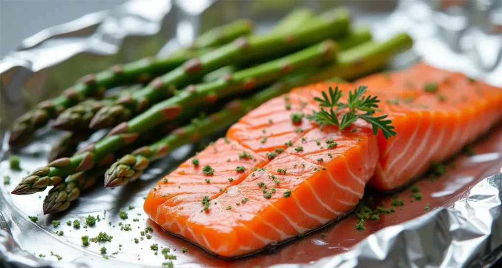 Asparagus and garlic added next to salmon.