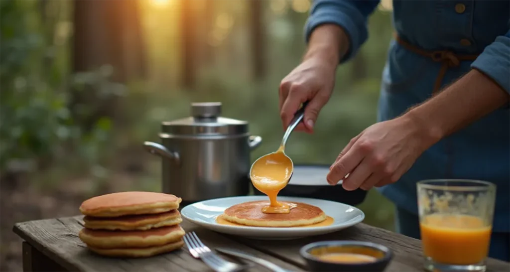 Camper mixing pancake batter on a wooden table at a campsite.