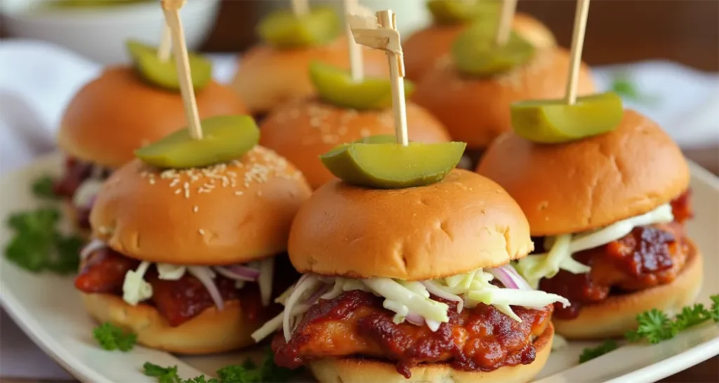 BBQ chicken sliders topped with coleslaw and pickles, served on toasted buns.