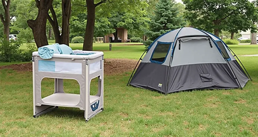 Portable crib in a tent for camping with a newborn.