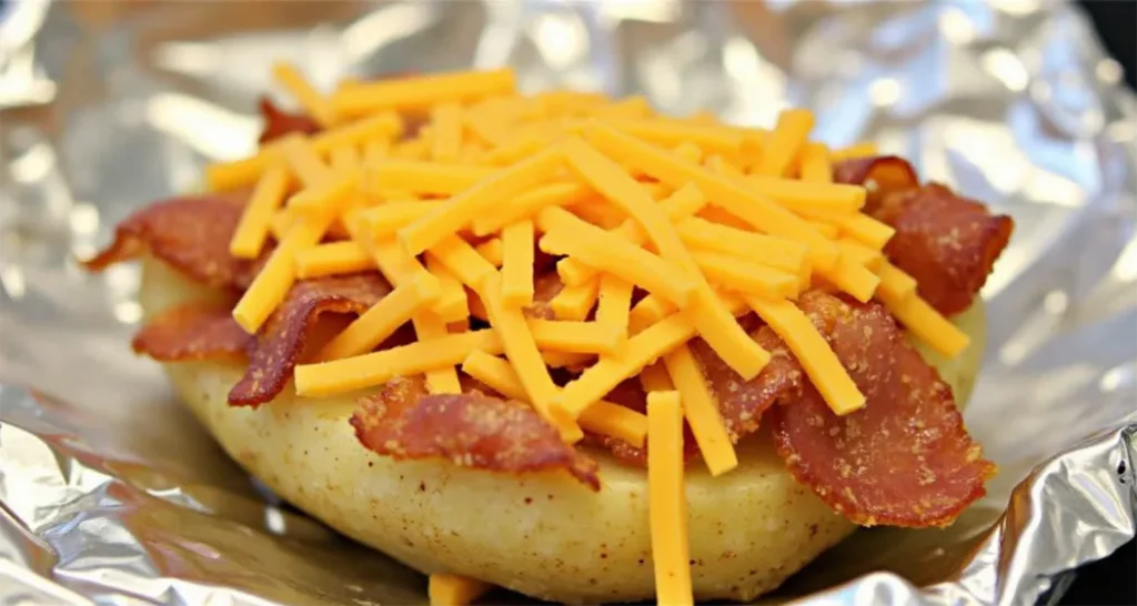 Bacon and shredded cheese layered over potatoes on aluminum foil