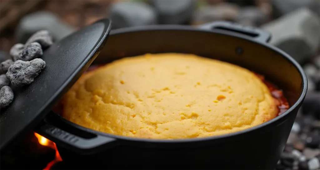 Dutch oven with coals on the lid baking cornbread over a campfire.