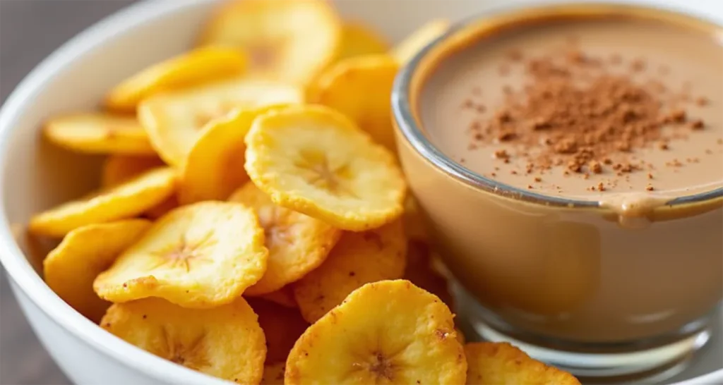 Crispy banana chips paired with a creamy peanut butter dip, sprinkled with cinnamon.