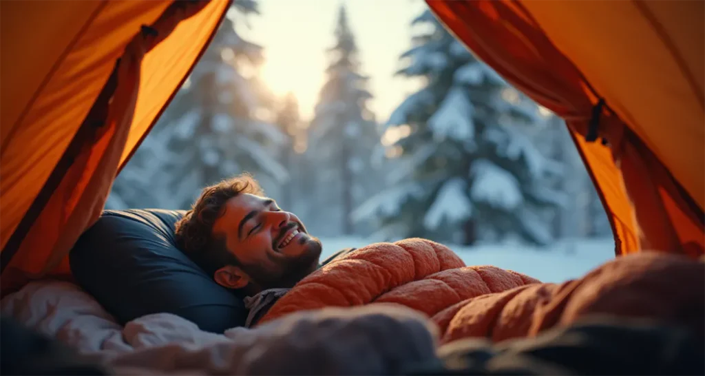 Camper in a warm sleeping bag enjoying a snowy campsite view.