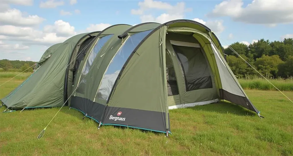 Berghaus Air 6 XL with a rainproof canopy in a scenic camping spot.