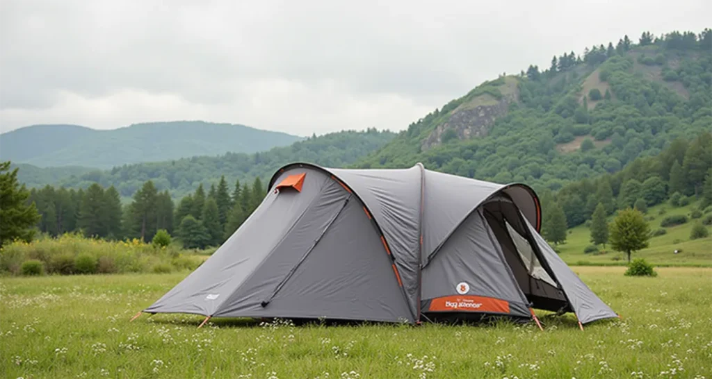 Big Agnes Flying Diamond 8 tent with steep walls, durable rainfly, and spacious vestibules for rugged terrain adventures.