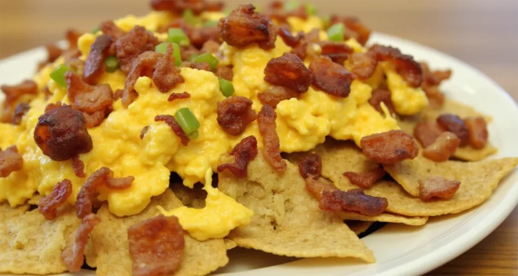 Breakfast Nachos Hash brown nachos with scrambled eggs, bacon, and cheese.