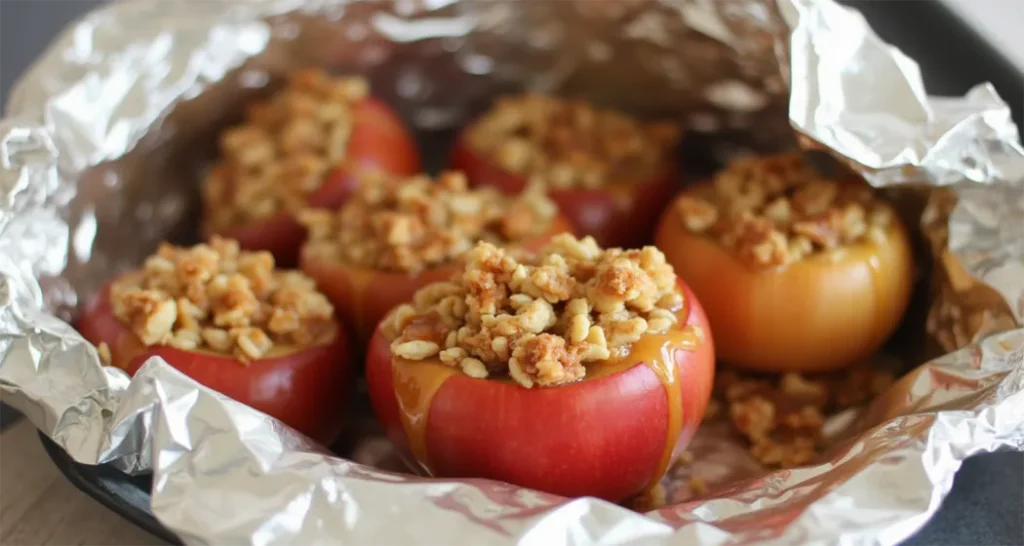 Campfire apple crisp cooked in a foil packet with granola and caramel drizzle.