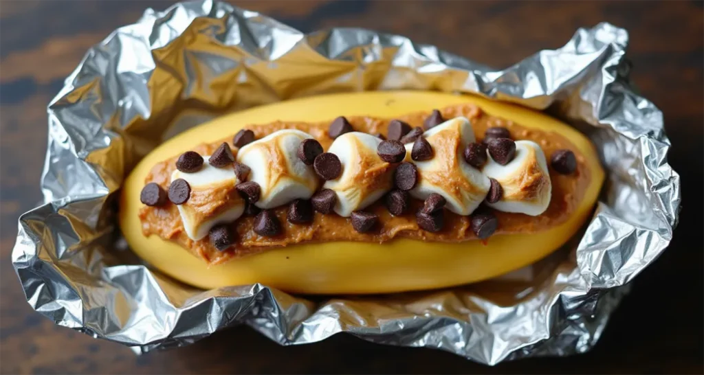 Banana sliced lengthwise and stuffed with marshmallows, chocolate chips, and peanut butter, ready to be wrapped in foil for campfire cooking.