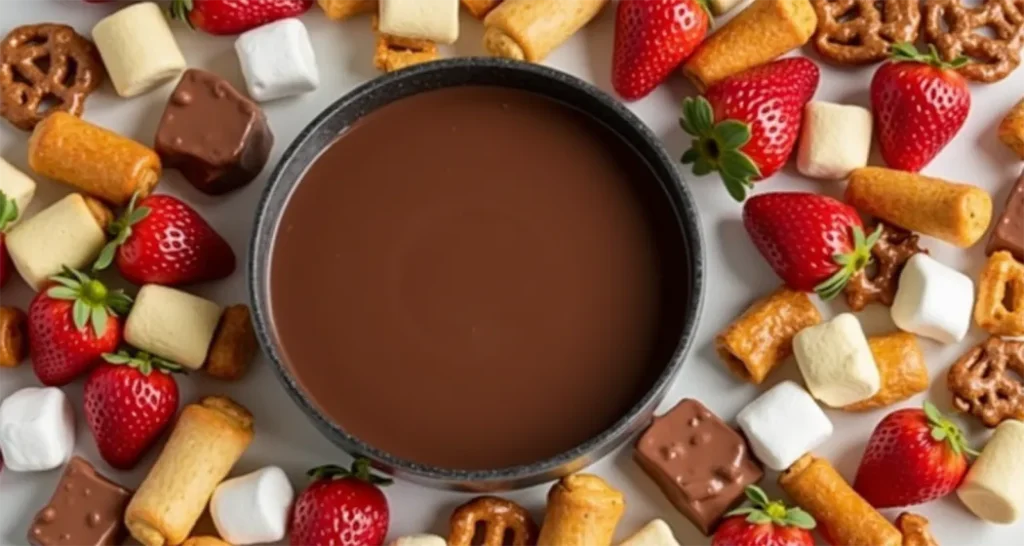 Campfire chocolate fondue served with marshmallows, strawberries, and pretzels.